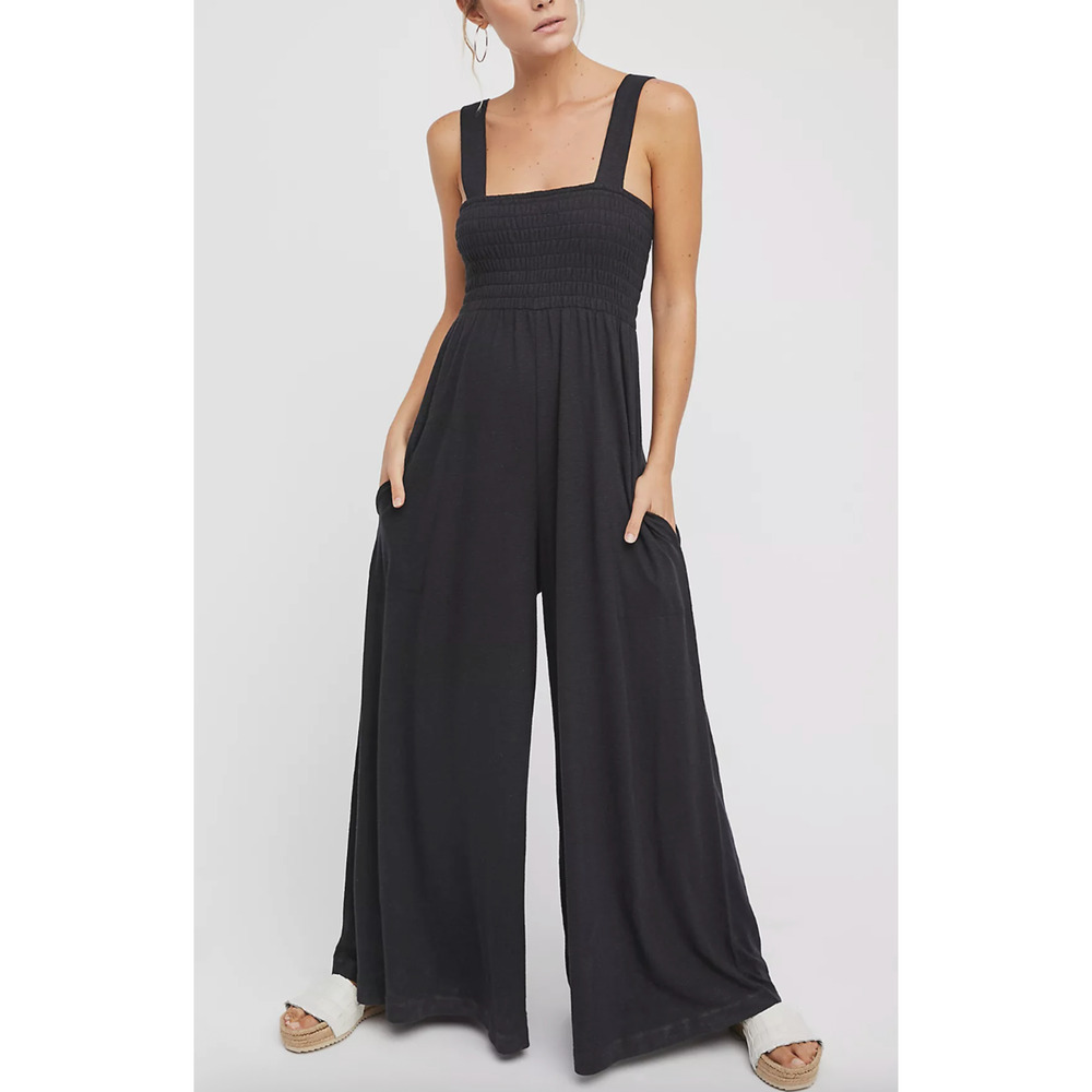 Free People Beach Homecoming Wide Leg Jumper S Black Linen Blend Pockets Casual